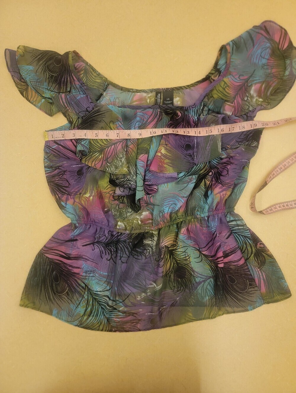 Bisou Bisou Sheer Ruffle Blouse Multicolor Y2K Boho Size L - Picture 4 of 7
